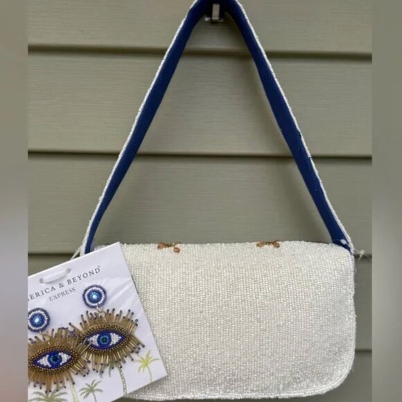 America & Beyond White Evil Eye Beaded Shoulder Bag & Earrings NWT - Picture 6 of 9